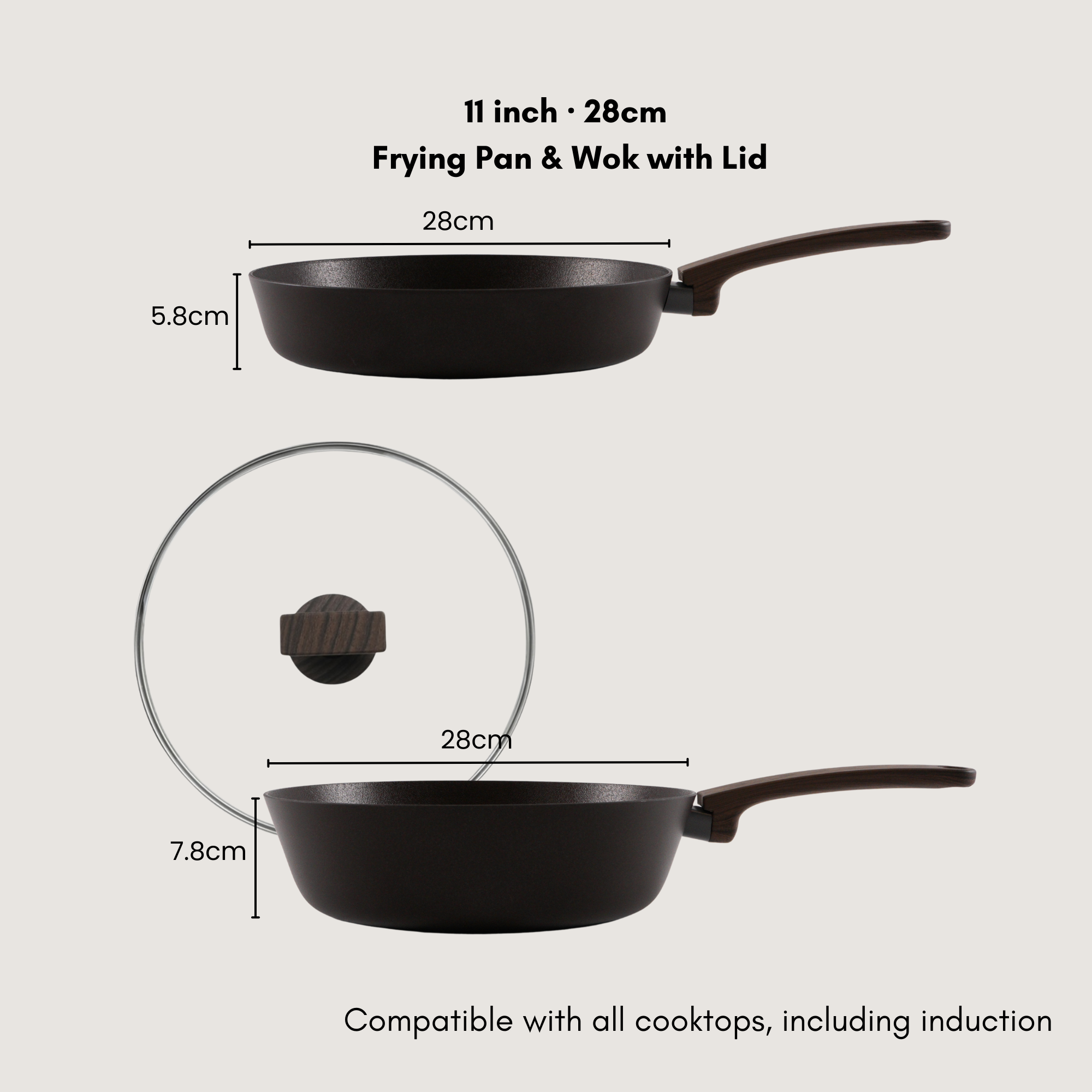 Brown Inoble 28cm|11" Frying Pan & Wok & Lid SET